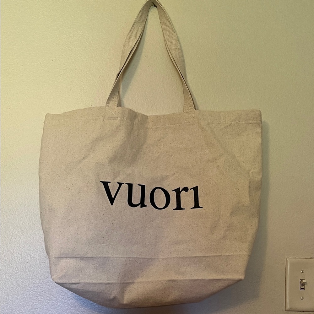 Vuori Cream Canvas Tote with Black Text